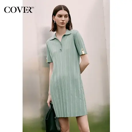COVER夏季Polo领百褶坑条冰丝连衣裙图片
