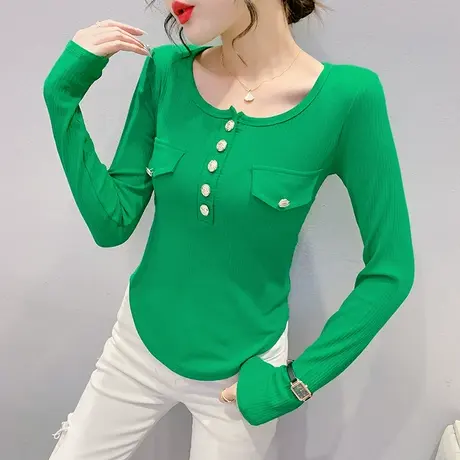 时尚纽扣打底衫女长袖春秋2024年新款修身百搭T恤高腰洋气上衣服商品大图