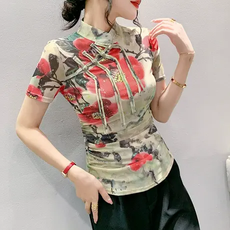 复古盘扣T恤女短袖2024夏装设计感小众中国风上衣气质网纱小衫女图片