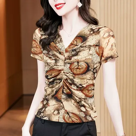 复古百搭V领T恤女短袖时尚性感网纱小衫气质别致印花上衣修身半袖图片