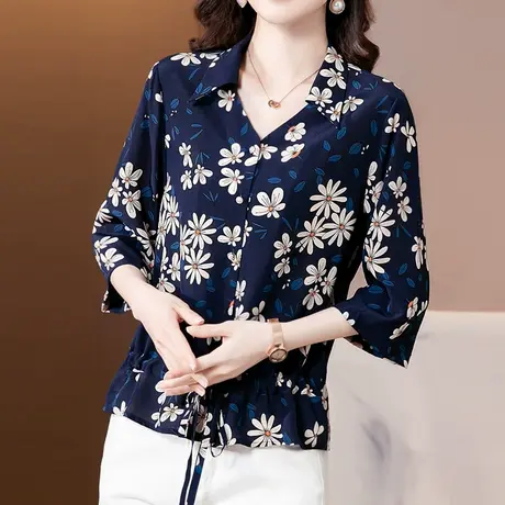 真丝衬衫女2023夏季新款五分袖系带收腰法式女上衣桑蚕丝花衬衣图片