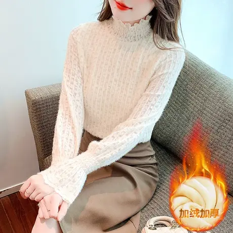 洋气内搭加绒加厚蕾丝打底衫女2023冬季新款洋气喇叭袖显瘦女上衣图片