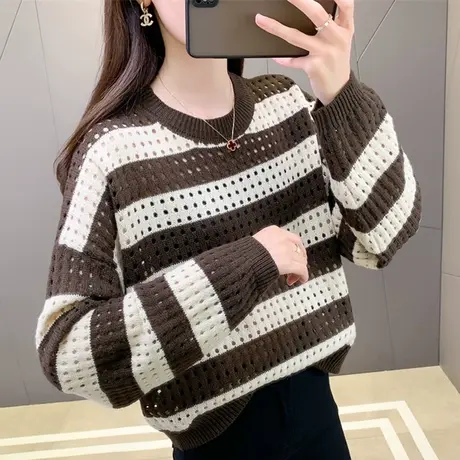 条纹圆领秋冬新品氛围感镂空套头针织打底衫毛衣休闲宽松女装上衣商品大图