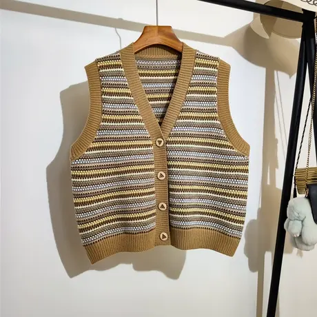 条纹针织马甲开衫女秋冬新款v领复古百搭无袖坎肩毛衣背心外穿潮图片