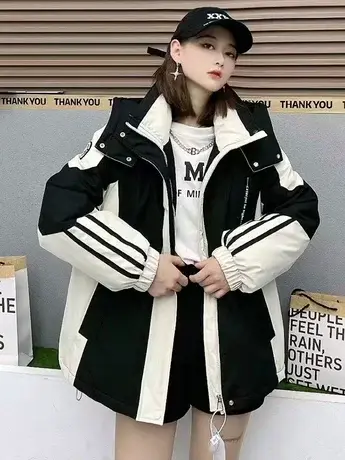 冲锋衣羽绒服女欧货连帽撞色2023冬季新款白鸭绒加厚工装保暖外套图片