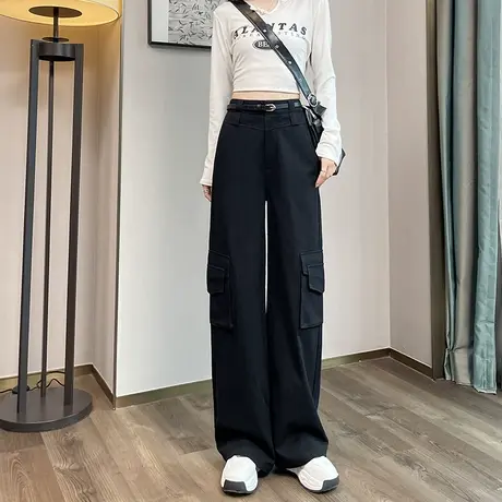美式黑色工装裤女秋季新款高腰显瘦直筒宽松百搭休闲运动阔腿裤子商品大图