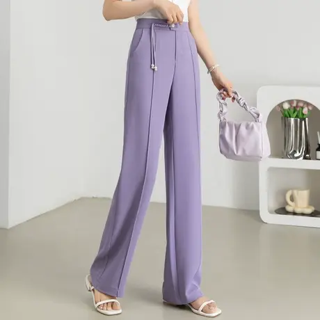 高腰窄版直筒裤女夏季薄款2024新款休闲西装裤紫色裤子冰丝阔腿裤商品大图