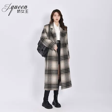 格子毛呢外套女秋冬季新款气质复古高级感宽松中长款呢子西装大衣商品大图