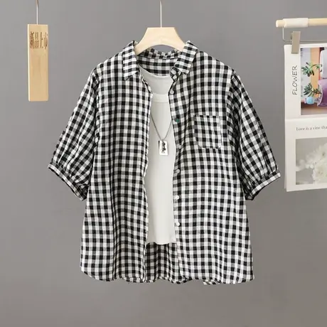2024夏装新款韩版格子短袖衬衫女宽松显瘦休闲中袖薄衬衣百搭小衫商品大图