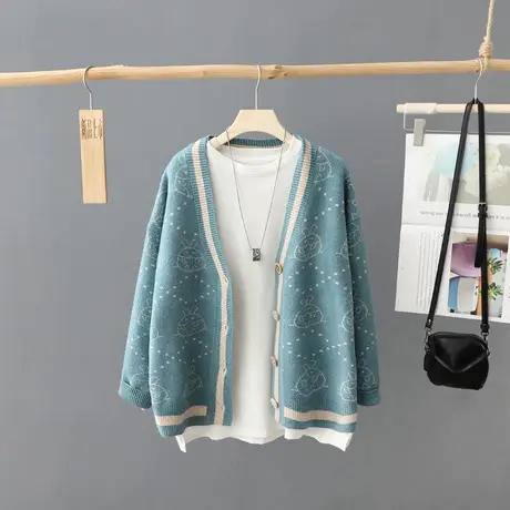 V领单排扣长袖毛针织衫女秋季新款宽松外穿开衫毛衣女装外套上衣图片