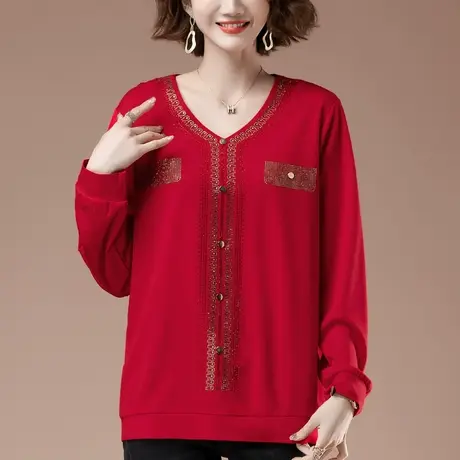 长袖t恤女春季新款加肥加大码女装宽松中年妈妈洋气V领显瘦打底衫商品大图