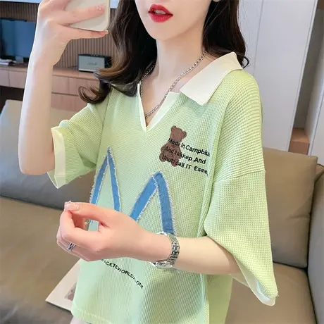 翻领polo衫短袖t恤女夏季韩版宽松大码娃娃领撞色小众设计感上衣商品大图