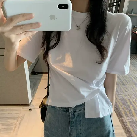白色辣妹短袖T恤女ins潮2023新款设计感小众韩系chic别致上衣体恤图片