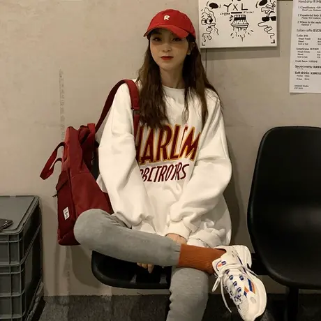 早秋装欧美高街oversize卫衣女大版宽松慵懒风ins潮情侣单穿上衣图片