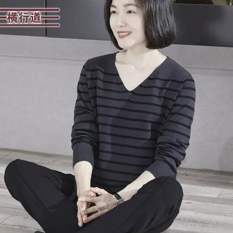 2024春季新款正肩V领条纹宽松针织长袖毛衣女休闲外穿大码上衣服商品大图