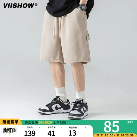 VIISHOW复古做旧短裤夏薄款宽松工装飘带潮牌工装休闲五分裤商品大图