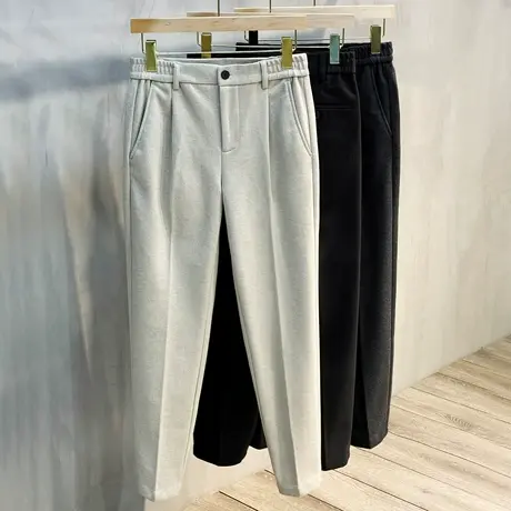 松紧腰秋冬季保暖毛呢休闲裤韩版潮流厚小脚九分裤男修身长裤西裤商品大图