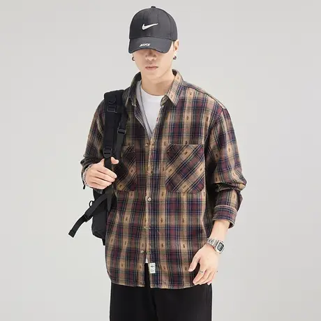 Modi Nick/摩帝尼克日系潮牌复古格纹男士衬衫印花水洗休闲百搭商品大图