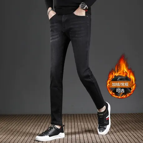 加绒加厚九分牛仔裤男款修身小脚秋冬款弹力潮流男士裤子黑色冬季商品大图