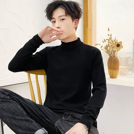 男士毛衣半高领秋冬季百搭修身针织打底衫纯黑色中领线衣潮流男装商品大图