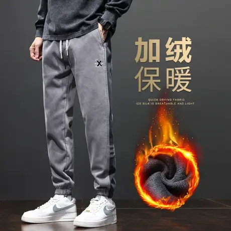 侧边条纹男士痞帅气加绒加厚冬季休闲裤子秋冬款男生哈伦束脚工装商品大图