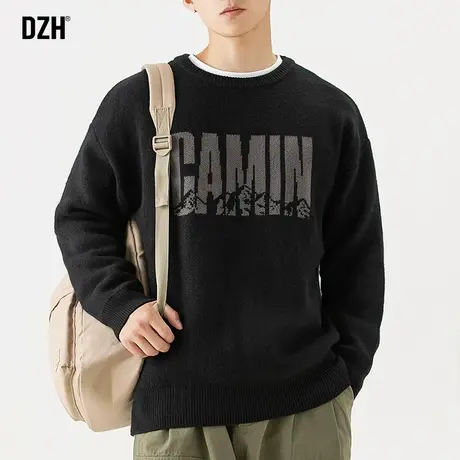 男士黑色提花圆领毛衣男潮牌宽松长袖上衣保暖打底衫2023新款线衣商品大图