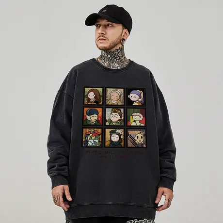 重磅美式复古嘻哈大码圆领卫衣男纯棉水洗做旧高街加绒春秋款冬季图片