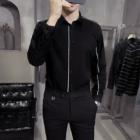 2021秋季免烫黑衬衫男韩版修身商务正装条纹衬衣男春秋季抗皱男装商品大图