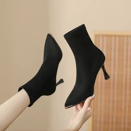 高跟鞋细跟弹力靴短靴2024秋冬新款尖头瘦瘦靴气质黑色百搭靴子女图片