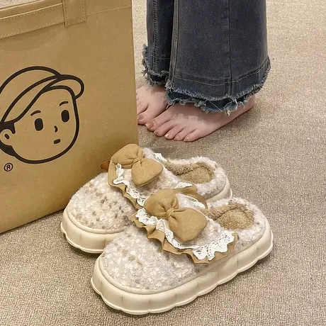 棉拖鞋女冬季2024年新款时尚蝴蝶结保暖毛绒室内居家防滑厚底拖鞋商品大图