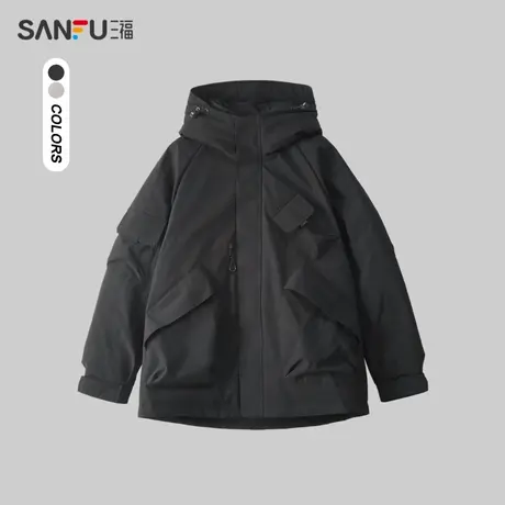三福2023冬男士机能多袋长棉衣 时尚保暖宽松连帽外套男472747商品大图