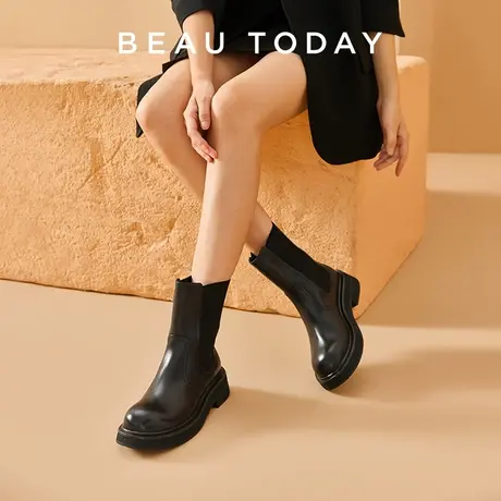 BeauToday厚底切尔西靴女短靴BT烟筒靴复古英伦马丁靴瘦瘦靴皮靴图片