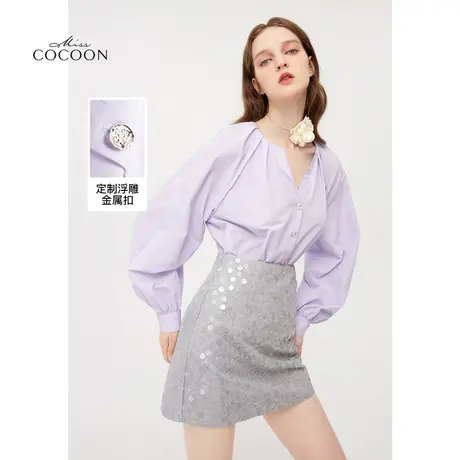【秋上新】missCOCOON紫色灯笼袖衬衫上衣女2023秋季新款百搭衬衣图片