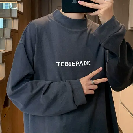 德绒打底衫男春秋季2024新款保暖长袖体恤潮流内搭针织半高领衣服商品大图