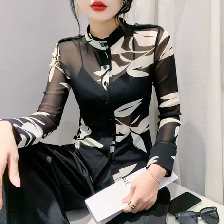 2024春秋新款T恤网纱印花修身性感拼接衬衫女上衣气质长袖小衫潮商品大图
