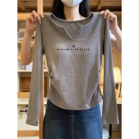 设计感正肩v领长袖打底衫女春秋冬内搭短款上衣保暖修身显瘦T恤商品大图