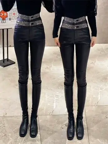 高档弹力加绒加厚2025高腰裤女秋冬紧身铅笔显瘦洋气皮裤小脚新款商品大图