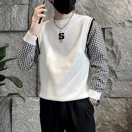 秋季休闲卫衣2023新款小香风千鸟格拼接假两件发型师ins上衣外套商品大图