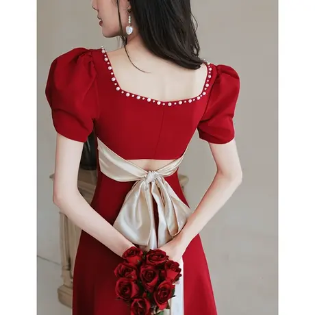 敬酒服新娘夏季酒红色结婚回门订婚小晚礼服连衣裙女法式平时可穿商品大图