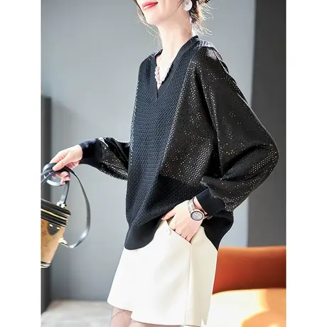 宝诗黎V领亮片拼接针织衫2024新款简约减龄上衣春季百搭短款女装图片