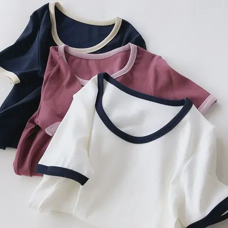 巨显瘦！柔软透气螺纹棉宽松圆领短袖t恤女夏季学生撞色休闲上衣商品大图