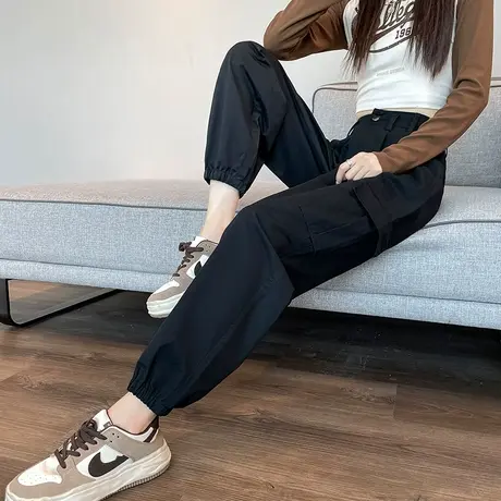 黑色束脚工装裤女2024春秋新款高腰显瘦宽松登山休闲束脚运动裤子商品大图