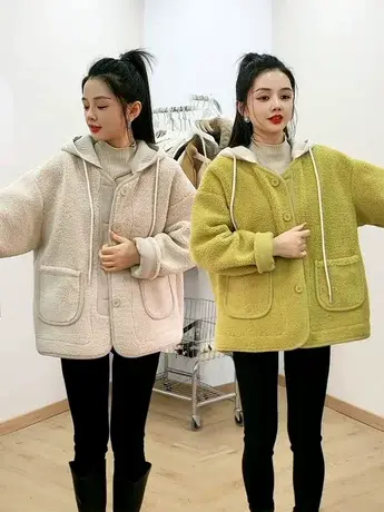 羊羔毛外套女2024秋冬季新宽松百搭加厚纯色大口袋连帽上衣ins潮商品大图