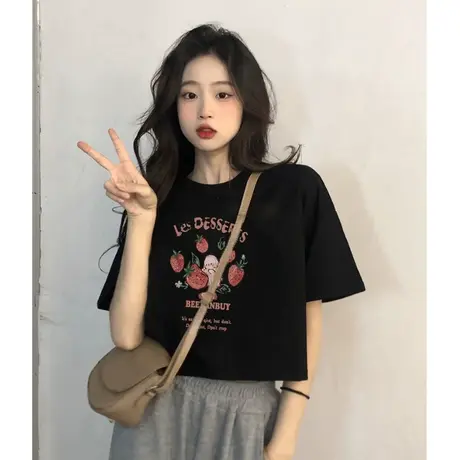 正肩纯棉短袖t恤女ins潮韩版宽松显瘦美式复古辣妹风半袖短款上衣商品大图