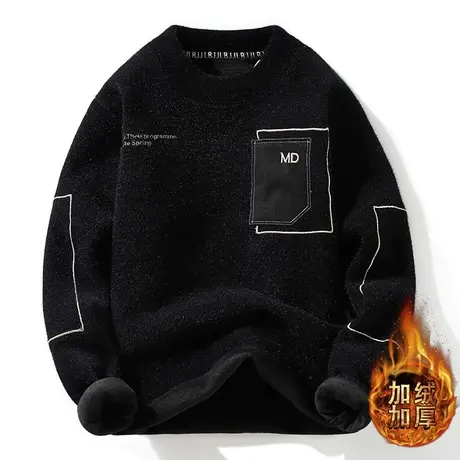 新款冬季一体加绒加厚毛衣男士圆领刺绣雪尼尔针织衫休闲潮流线衣商品大图