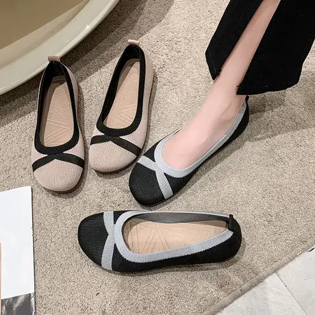 飞织王妃鞋女春夏浅口单鞋针织透气孕妇平底豆豆鞋软底一脚蹬瓢鞋商品大图