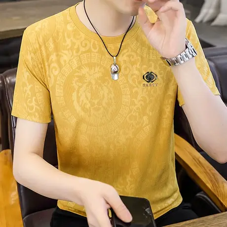 2023夏季新款圆领冰丝打底衫修身潮流印花男士上衣短袖t恤男装ins商品大图