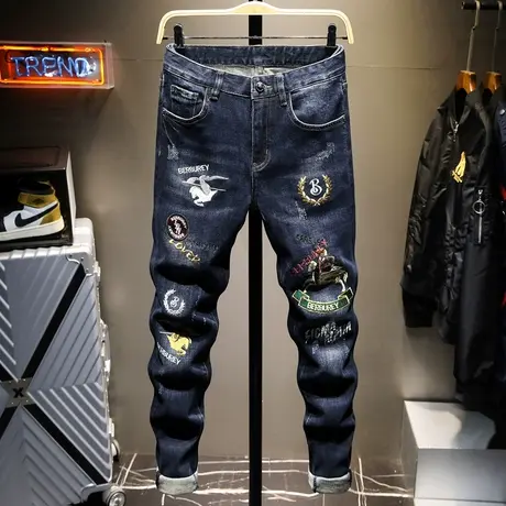 2022潮牌牛仔裤男士修身小脚弹力直筒韩版潮流百搭长裤子春夏季款商品大图