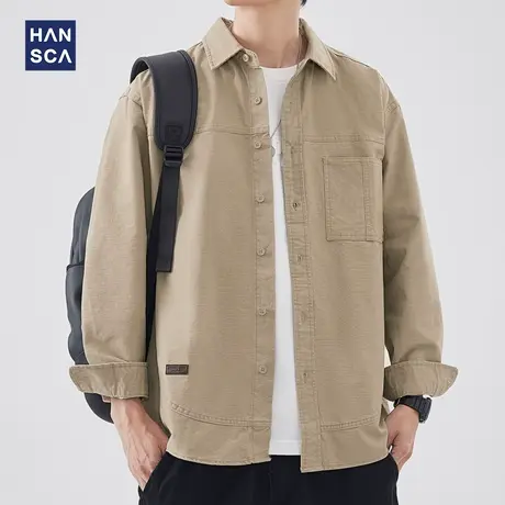 hansca长袖翻领衬衫男春季新款日系复古工装纯色休闲衬衣上衣外套图片
