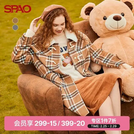 SPAO女士大衣春季COCO小熊中长款格纹牛角扣大衣SPJWB4TI01商品大图
